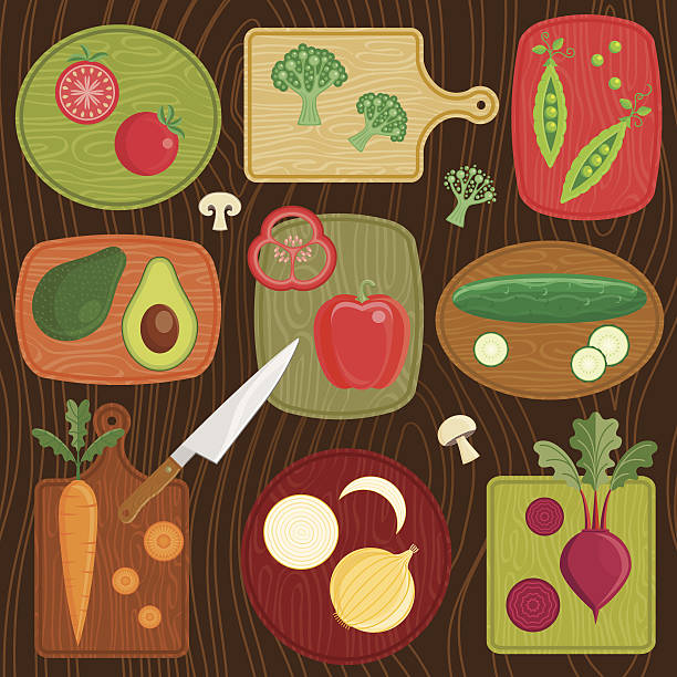 ilustrações de stock, clip art, desenhos animados e ícones de tábua de cozinha produtos hortícolas - vegetables table
