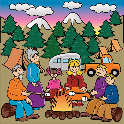 A family camping and cooking marshmellows.  The .zip includes an .eps 8,.ai for illustrator 10, and a .jpg.