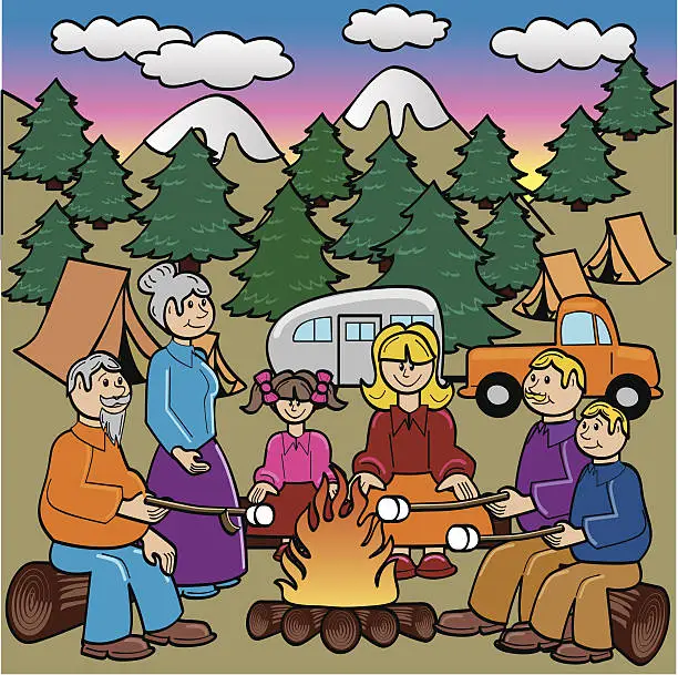 Vector illustration of Family Camping and Roasting Marshmallows