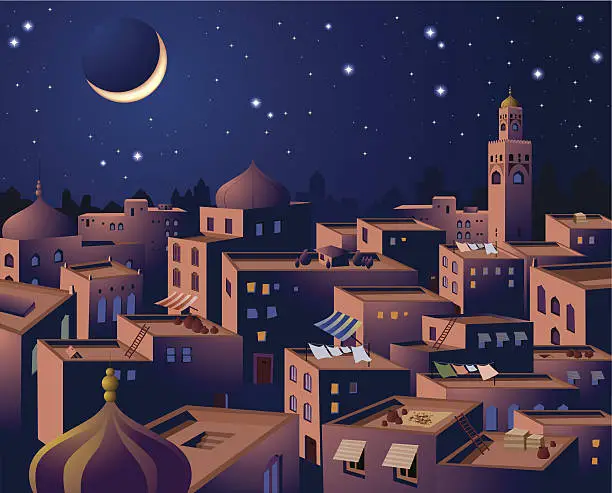 Vector illustration of Cityscape at Night of Middle Eastern Country