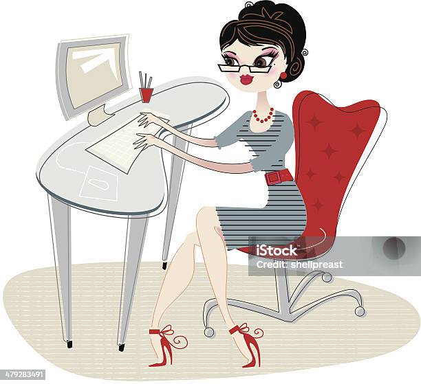 Ilustración de Mujer De Negocios Trabajando En La Computadora De Escritorio y más Vectores Libres de Derechos de Adulto