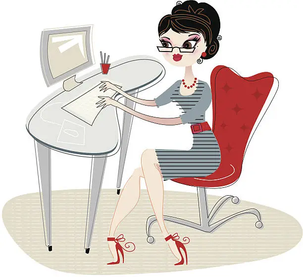 Vector illustration of Business woman working on computer at desk