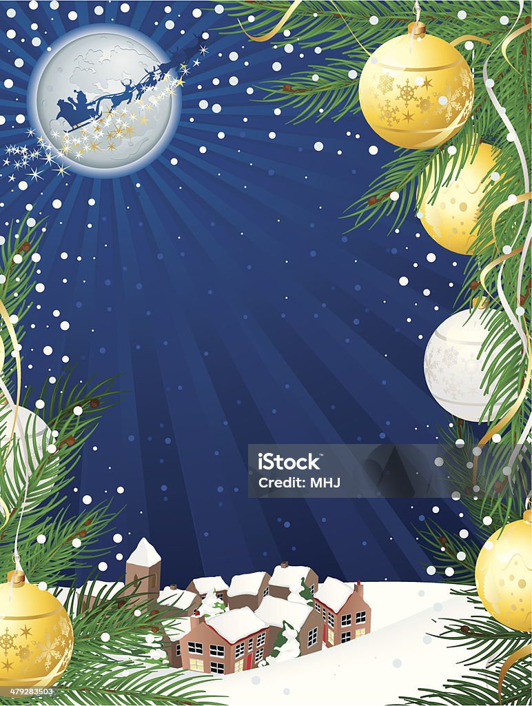 Santa Flying past the Moon A Christmas background scene, Santa waves as he flies past the moon and over a snowy village, with christmas trees and baubles in the foreground. Christmas stock vector