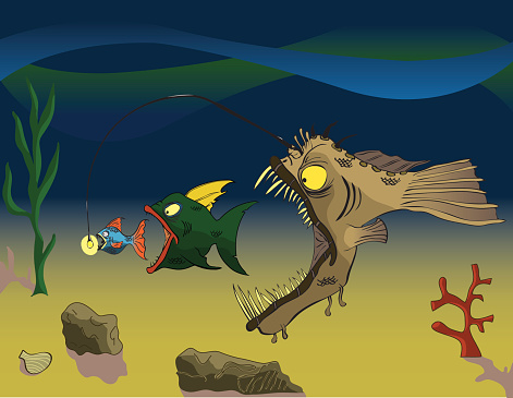 An angler fish puts out its lure and a small fish goes after that and a larger fish is going to eat that fish while the angler gets both the small and larger fish. 