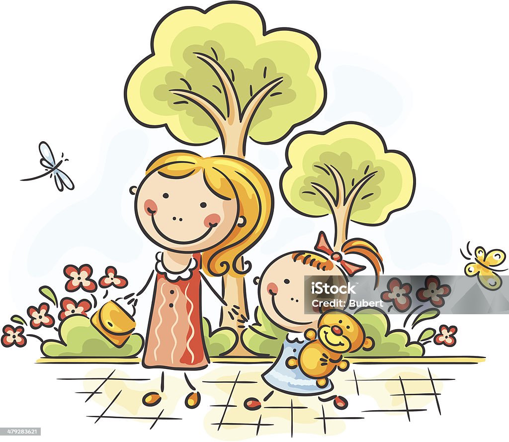 In the park A mother and daughter walking. No gradients. Cartoon stock vector