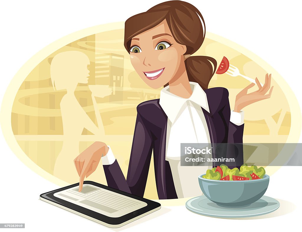 가진 여자 점심 사용하여 태블릿 컴퓨터 - 로열티 프리 먹기 벡터 아트