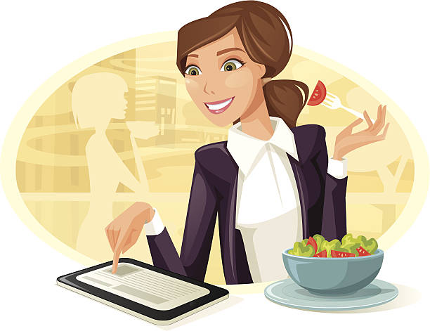 Woman Having Lunch While Using Tablet Computer Illustration of the woman having lunch while using tablet computer in the restaurant.  Woman, salad, shadows and background are grouped layered separately. lunch silhouettes stock illustrations