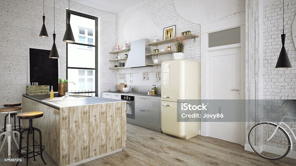 Rustic kitchen 3D render using 3ds Max Kitchen Stock Photo