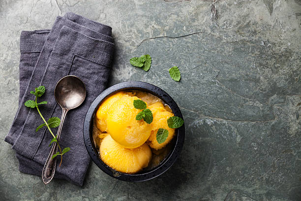 istock Mango ice cream sorbet with mint leaves 479287486