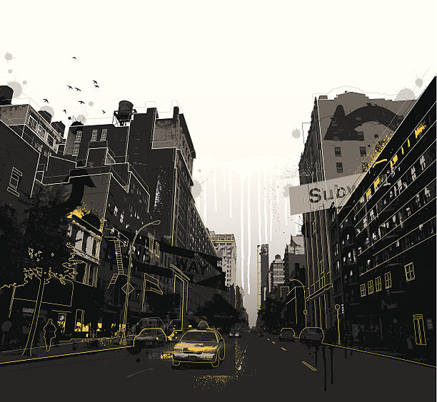 illustrazioni stock, clip art, cartoni animati e icone di tendenza di grunge scena di new york city - new york city illustrations