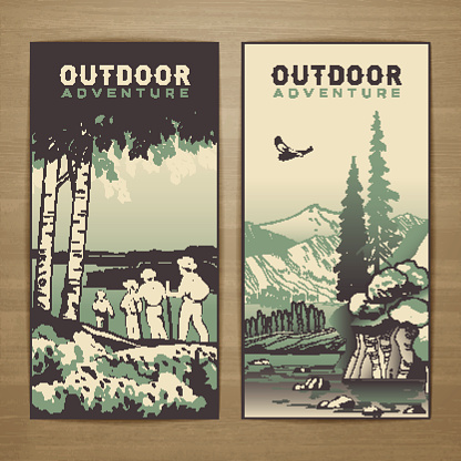 Outdoor thematic vector card design with traveling people and great wild landscapes graphics.Brochure,flyer,booklet,postcard template for product promotion and advertising isolated on wood background