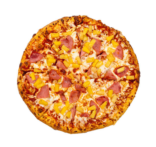 Pizza Homemade Hawaiian Ham and Pineapple Pizza isolated on white background pizza topping stock pictures, royalty-free photos & images