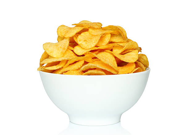 Potato chips bowl on a white background stock photo