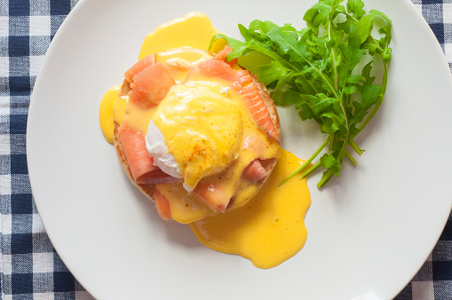 Egg Benedict with smoked salmon and Hollandaise sauce.