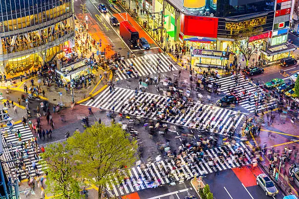 Tokyo, Japan view of Shibuya Crossing, one of the busiest crosswalks in the world.