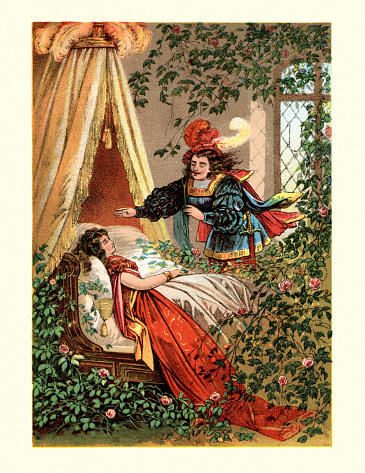 Vintage colour engraving of Sleeping Beauty  (German: DornrÃ¶schen) by the Brothers Grimm is a classic fairy tale involving a beautiful princess, a sleeping enchantment, and a handsome prince.