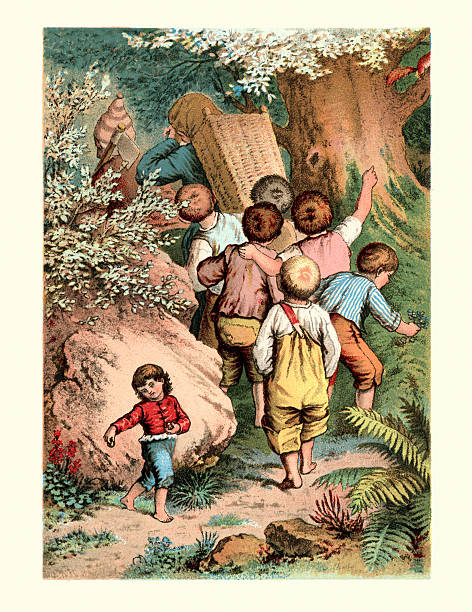 Thumbling - Little Tom Thumb Vintage colour engraving of Thumbling (Little Tom Thumb) a German fairy tale collected by the Brothers Grimm. Thumbling, a poor childless peasant couple wishes for a child no matter how small aloud. Seven months later the wife has a small child no longer than a thumb which they call Thumbling and who becomes a wise and nimble creature. brothers grimm stock illustrations