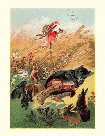 Vintage colour engraving of Puss in Boots (Master Cat; or, The Booted Cat), a European literary fairy tale about a cat who uses trickery and deceit to gain power, wealth, and the hand of a princess in marriage for his penniless and low-born master.