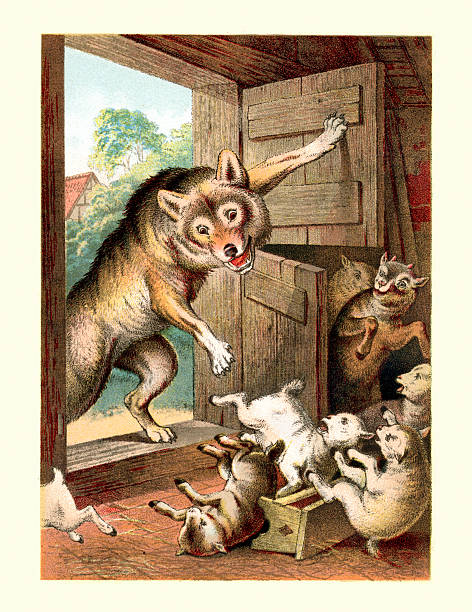 Vintage colour engraving of the Wolf and the Seven Young Kids, a fairy tale collected by the Brothers Grimm. A mother goat leaves her seven children at home while she ventures into the forest to find food. Before she leaves, she warns her young about the Big Bad Wolf who will try to sneak into the house and gobble them up.