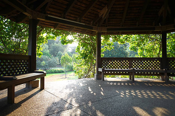 Morning sunshine seen from a garden pavillion stock photo