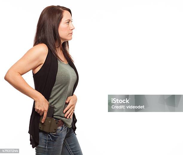 Kobieta O Aby Narysować Gun Z Holster Z Kopii Przestrzeni - zdjęcia stockowe i więcej obrazów Kabura na pistolet