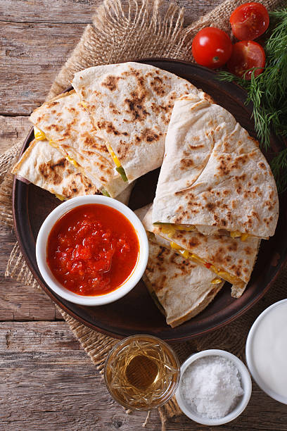 istock Quesadilla sliced and sauces on plate close-up. vertical 479312916