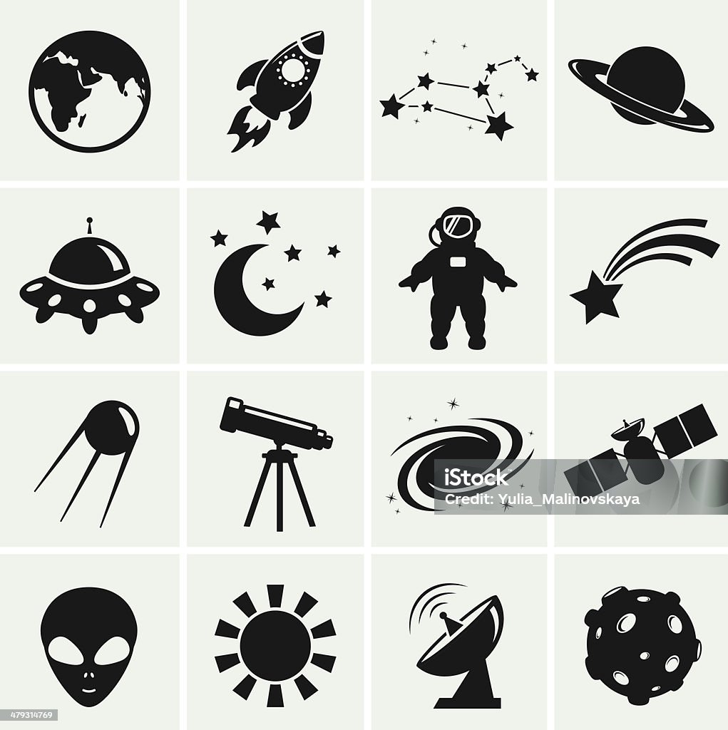 Space and astronomy icons. Vector set. Collection of 16 space and astronomy icons. Vector illustration. Outer Space stock vector