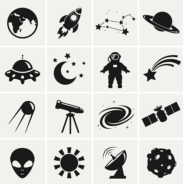 Space and astronomy icons. Vector set. Collection of 16 space and astronomy icons. Vector illustration. astronaut symbols stock illustrations