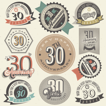 Thirty anniversary design in retro style. Vintage labels for anniversary greeting. Hand lettering style typographic and calligraphic symbols for 30 anniversary