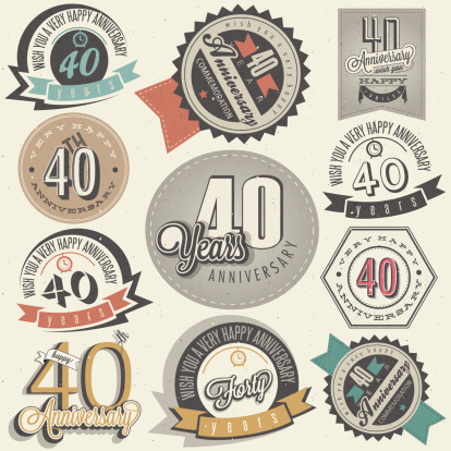 Forty anniversary design in retro style. Vintage labels for anniversary greeting. Hand lettering style typographic and calligraphic symbols for 40 anniversary.