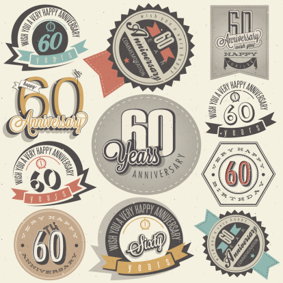 Sixty anniversary design in retro style. Vintage labels for anniversary greeting. Hand lettering style typographic and calligraphic anniversary symbols