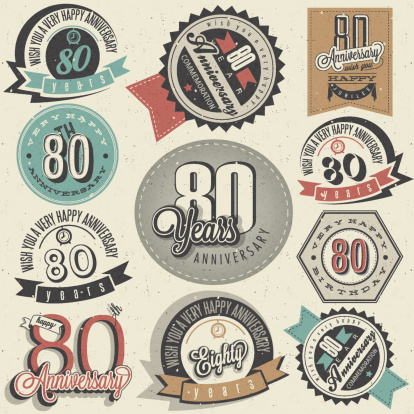 Eighty anniversary design in retro style. Vintage labels for anniversary greeting. Hand lettering style typographic and calligraphic symbols for anniversary