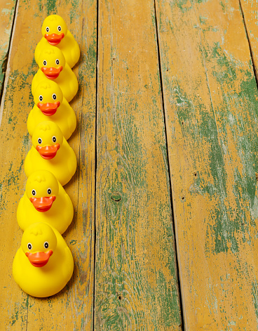 Rubber ducks on wood with copy space