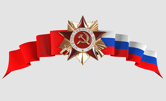 Star isolated on a light background on a red one and a Russian flag
