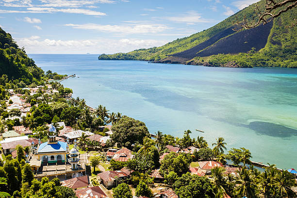 View over the Banda Islands and volcano in the background