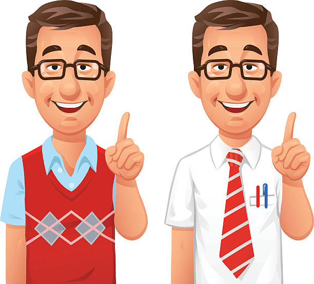 Clever Guy Giving Advice Vector illustration of a nice guy or nerd with glasses, raising his index finger giving advice, isolated on white. In two variations: wearing a nerdy pullover and a business outfit. Smart Casual stock illustrations