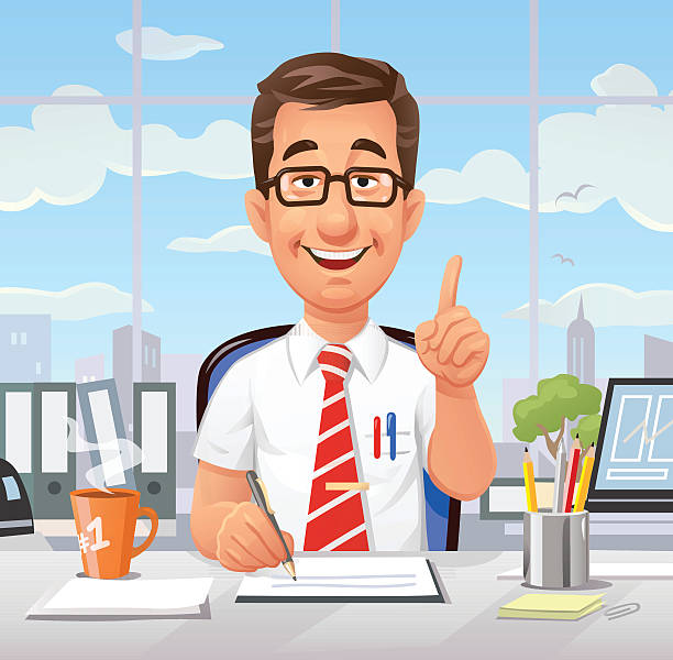 Busy Office Worker Giving Advice Vector illustration of a busy office worker with glasses sitting at his desk in front of a big window, raising his index finger giving advice. civil servant stock illustrations