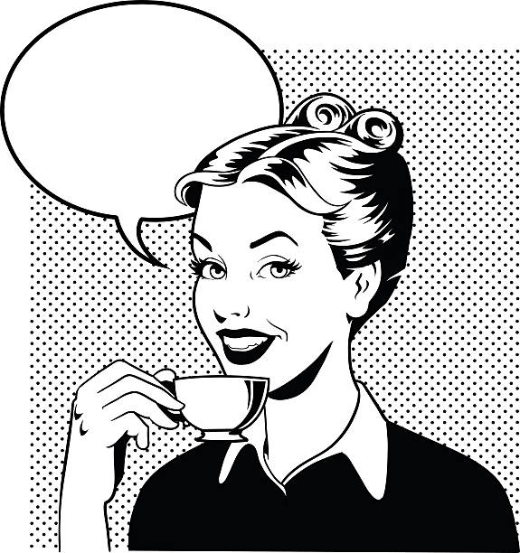 ilustrações, clipart, desenhos animados e ícones de retro mulher tomando café em preto e branco - coffee espresso retro revival coffee cup