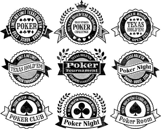 Texas Hold'Em Poker Chips cards and gambling vector graphics Texas Hold'Em Poker Chips cards and gambling vector graphics black and white royalty free vector interface icon set. This editable vector file features black interface icons on white Background. The interface icons are organized in rows and can be used as app interface icons, online as internet web buttons, and in digital and print. watermark ideas stock illustrations