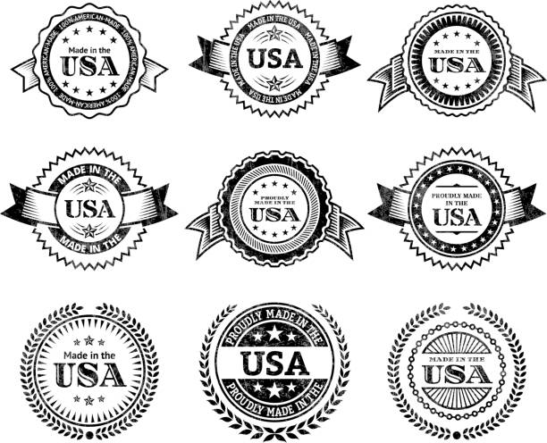 сделано в сша значок черный белый набор иконок & - made in the usa sign retro revival label stock illustrations