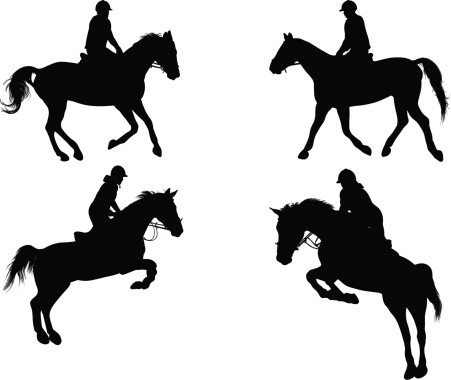 Equestrian silhouettes, jumping and riding