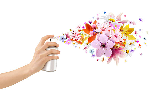 Flower-scented room sprays and flowers from inside stock photo