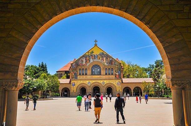 Stanford Memorial Church, Stanford University Palo Alto, CA, USA - June 28, 2015: Visitors flock to the Stanford Memorial Church. Completed in 1903 and standing at the center of Stanford University campus, the church is the university's architectural crown jewel. stanford university photos stock pictures, royalty-free photos & images