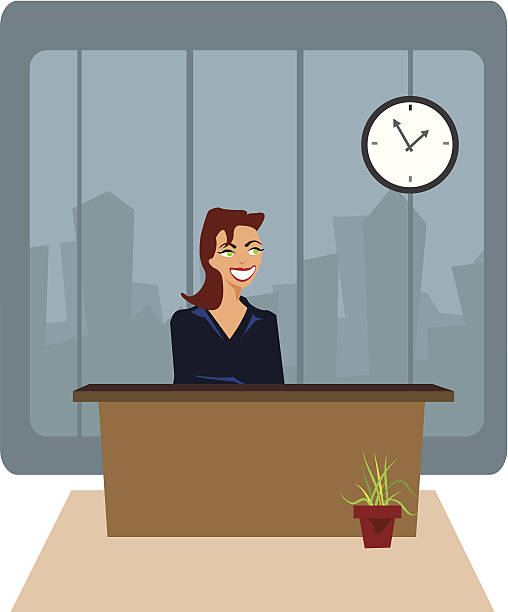 ilustraciones, imágenes clip art, dibujos animados e iconos de stock de mujer de negocios en oficina - receptionist office silhouette business