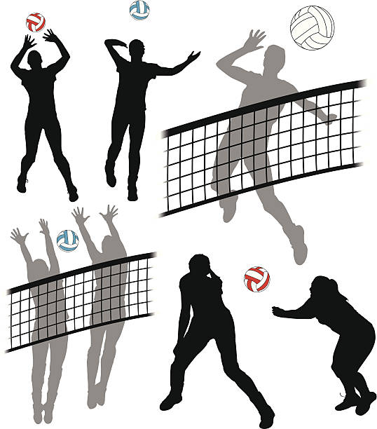 Volleyball Players Silhouettes of volleyball players bumping, setting, spiking, serving and blocking. volleyball net stock illustrations