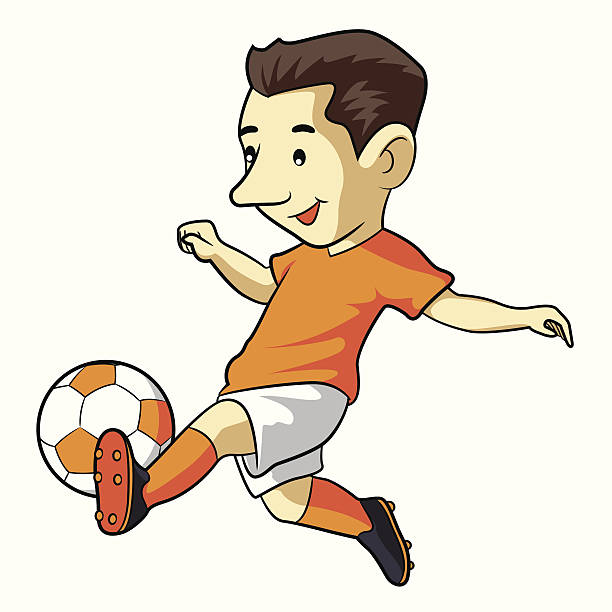 fußball kid comic - soccer action child purple stock-grafiken, -clipart, -cartoons und -symbole