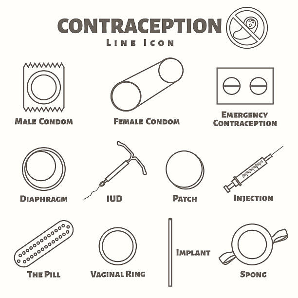 illustrations, cliparts, dessins animés et icônes de naissances line icons set, naissances - contraceptive sex education birth control pill condom