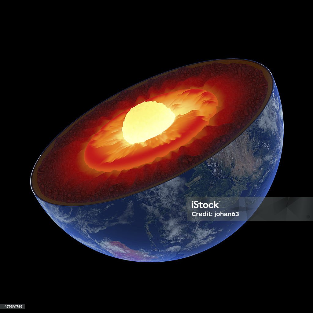 Earth core structure to scale - isolated Earth core structure illustrated with geological layers according to scale - isolated on black (Elements of this 3d image furnished by NASA -  source maps from http://visibleearth.nasa.gov/) Planet Earth Stock Photo