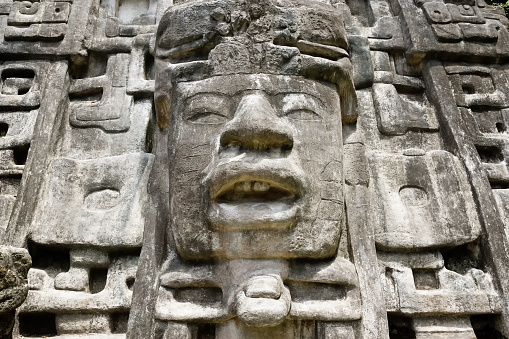 Close up of Maya Mask Temple located in the forest of Belize.