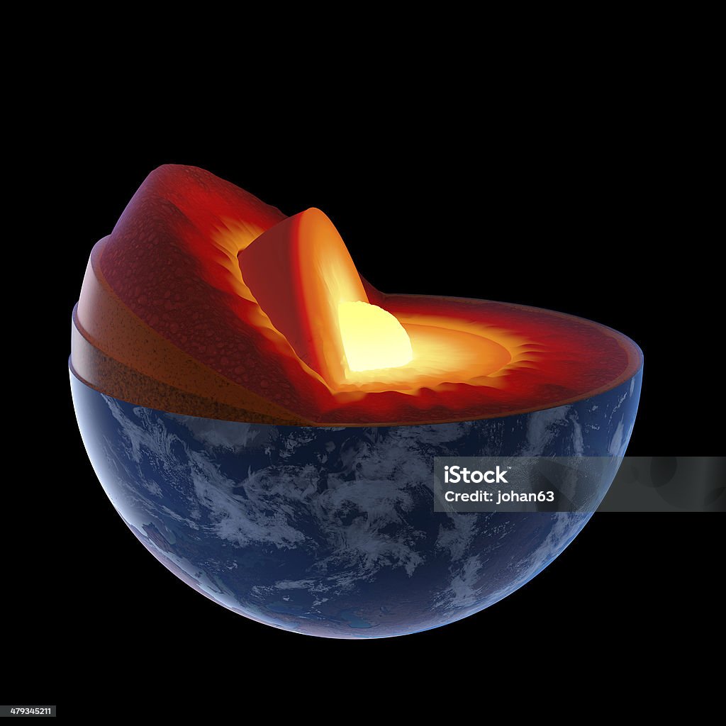 Earth core structure to scale - isolated Earth core structure illustrated with geological layers according to scale - isolated on black (Elements of this 3d image furnished by NASA -  source maps from http://visibleearth.nasa.gov/) Mantelpiece Stock Photo